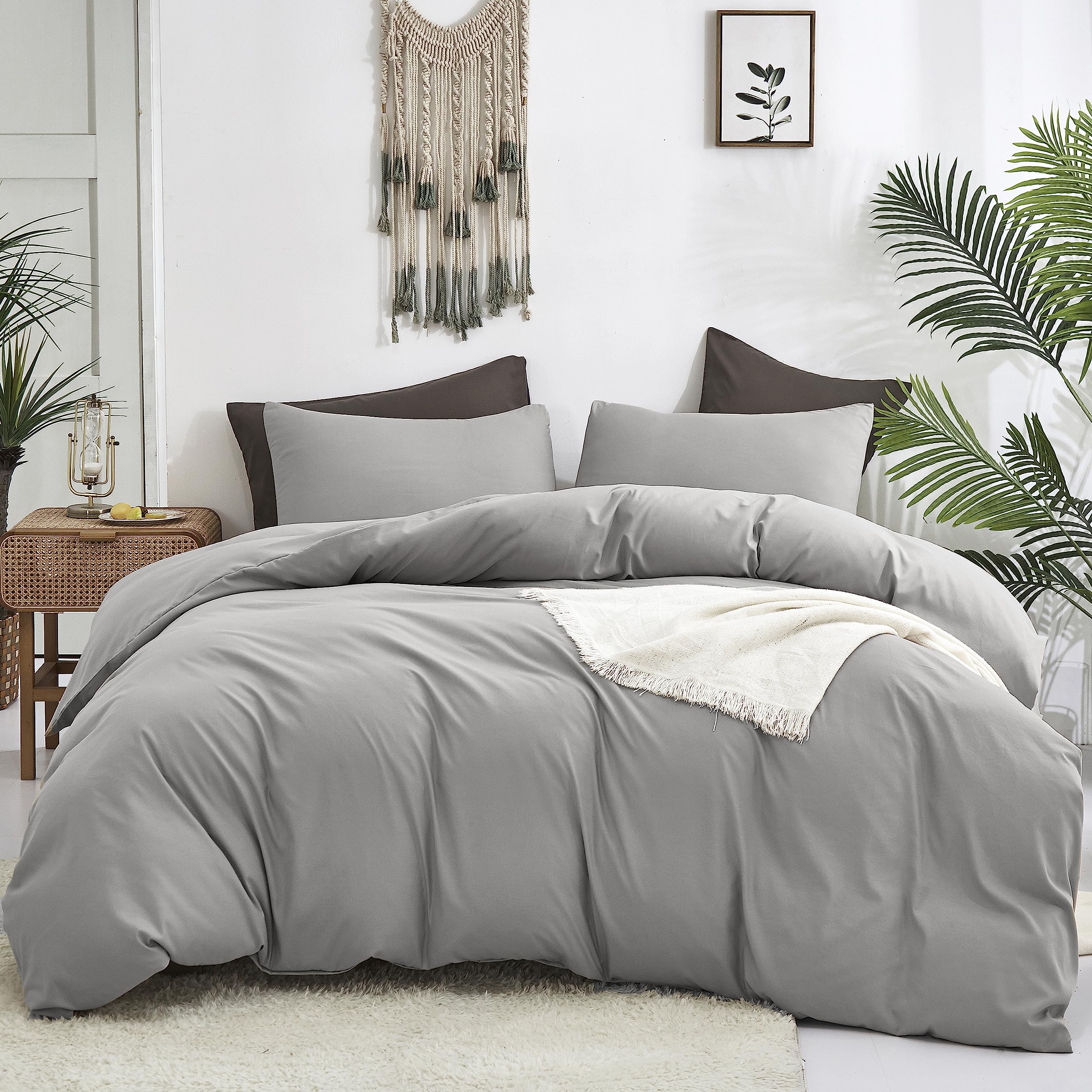 Cottonight Silver Grey Comforter Sets Full Light Gray Bedding Comforter Set Women Men Solid Pure Gray Blanket Quilts Fuzzy Breat